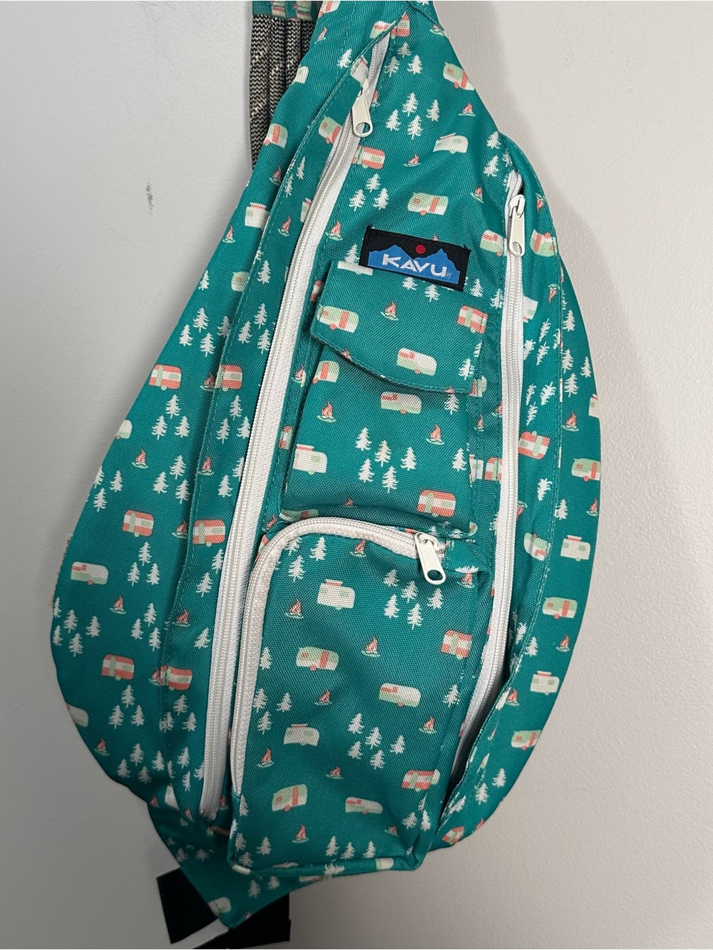 Kavu Teal Camper & Tree Print Rope Sling Bag